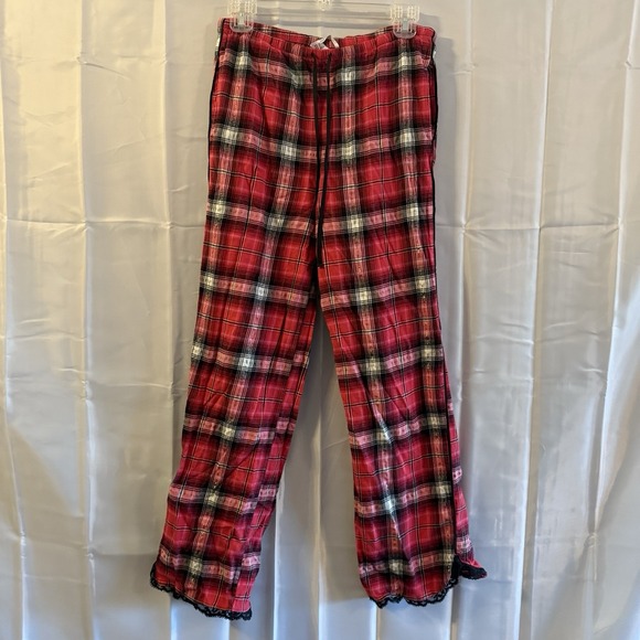 Victorias Secret S Red Silver Plaid Pajama Set Sleep Pants Night Shirt Lace Trim - Picture 8 of 11